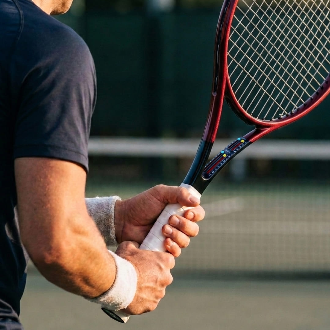 Player holding a racket on court