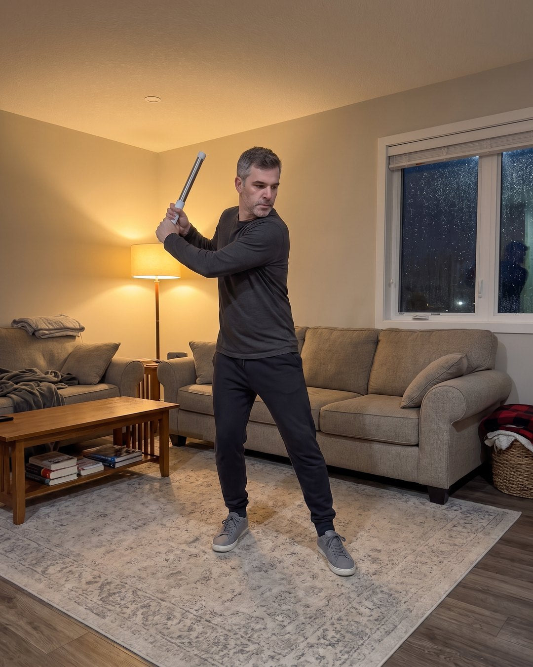 Training his swing with the SwngPro in the living room on a rainy night