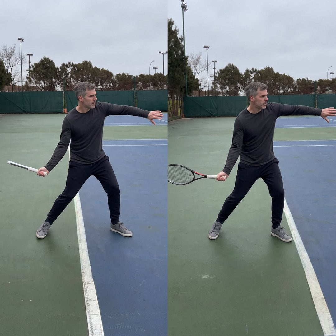 The same swing with the SwngPro at home and with the racket on court