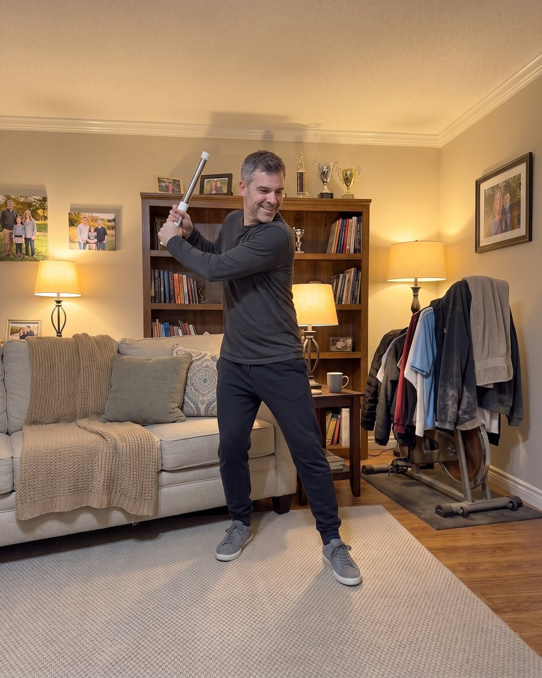 Training with the SwngPro in the living room while the old exercise bike holds the coats
