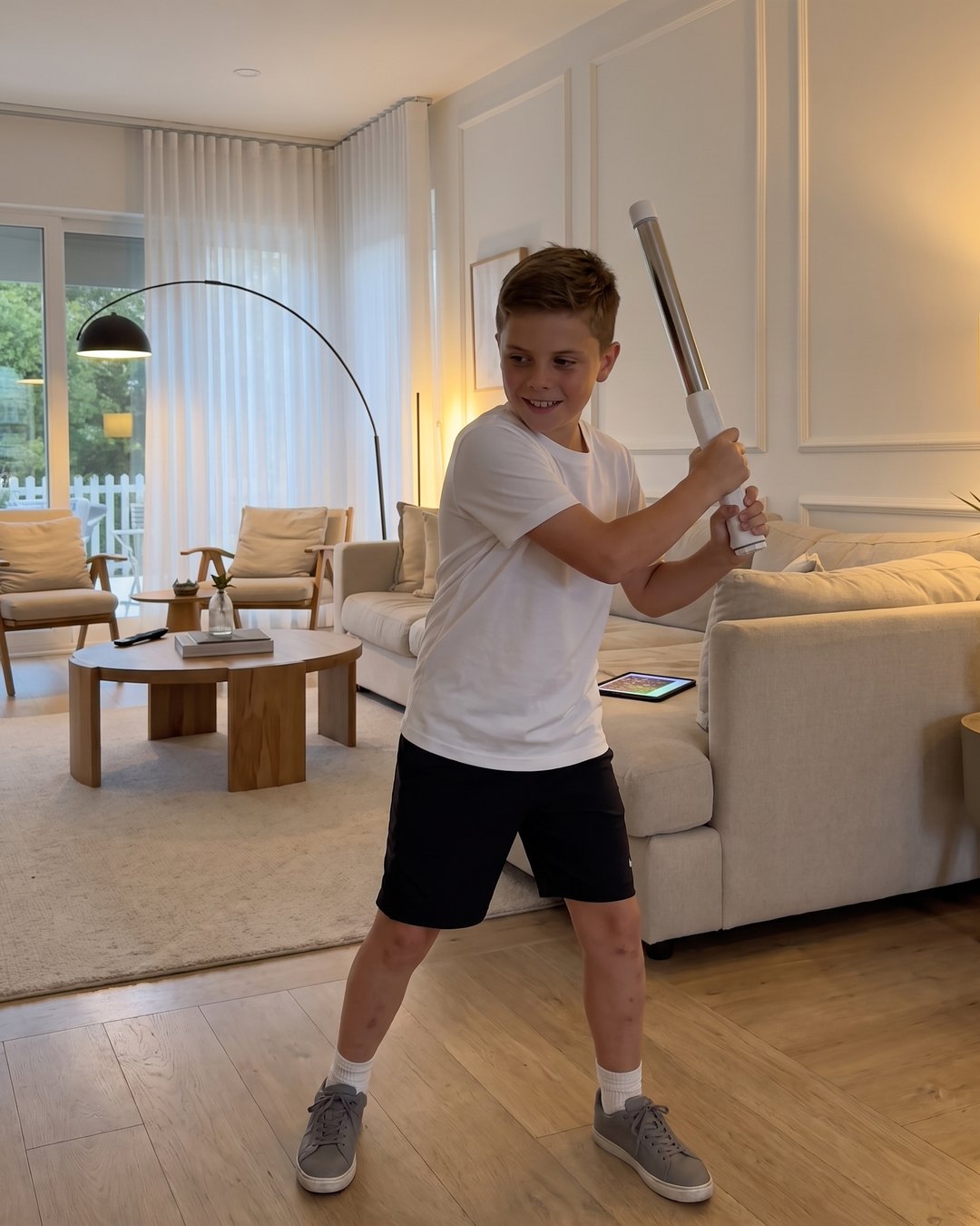 A boy practicing with the SwngPro in the living room, his tablet left on the sofa